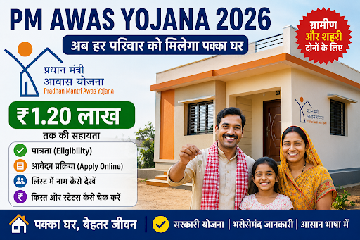 PM Awas Yojana 2026 scheme details banner featuring Rs 1.20 Lakh assistance eligibility list and application guide by Rural Finance Guide.