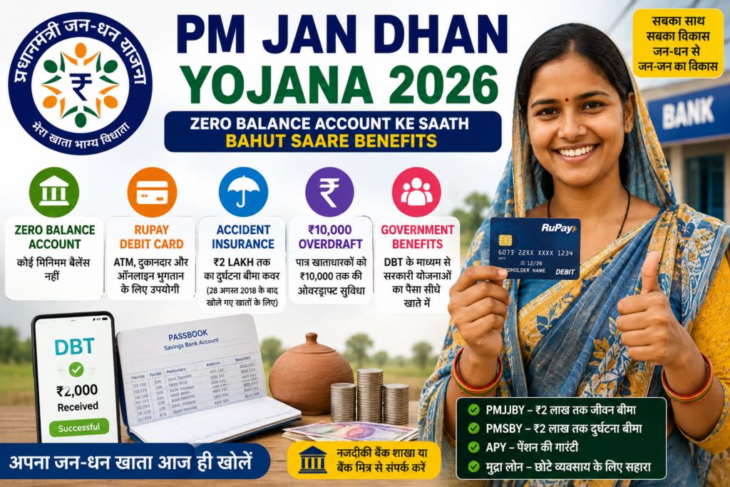 PM Jan Dhan Yojana 2026 banner showing zero balance account, RuPay card, and 10000 overdraft benefits